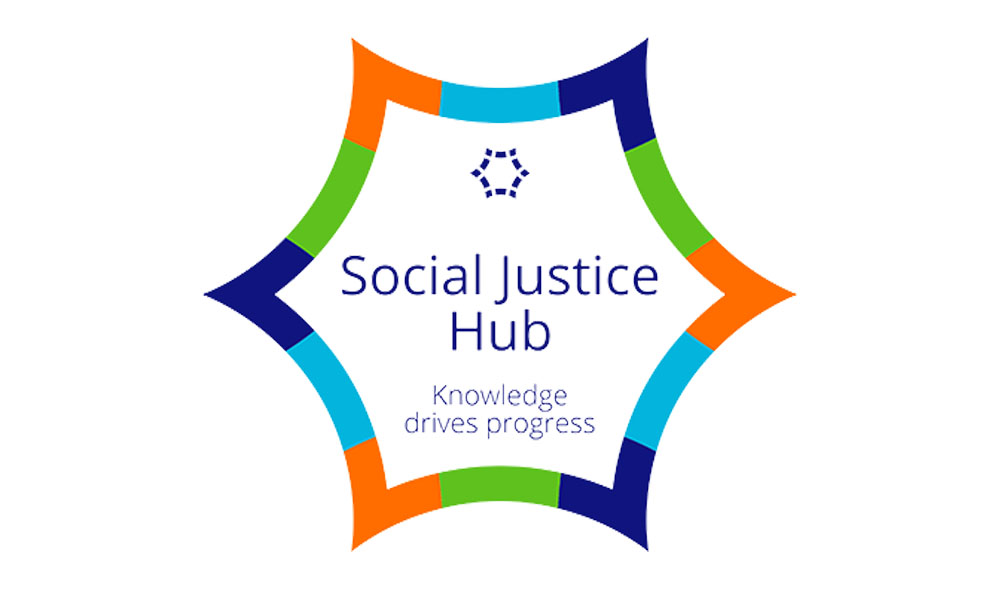 Social justice hub logo, with the words ‘knowledge drives progress’.